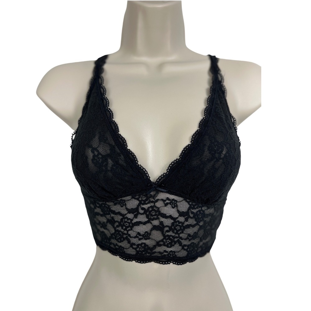 Black Floral Lace Longline Bralette V-Neck Adjustable Racerback‎ Crop Top